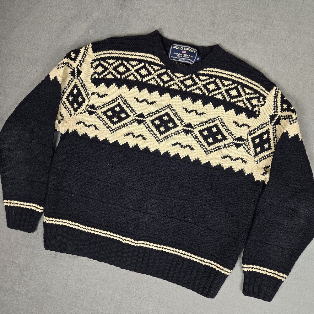 Vintage Ralph Lauren Polo Sport Sweater Mens XL Sportsman Hand Knit Blue Ivory